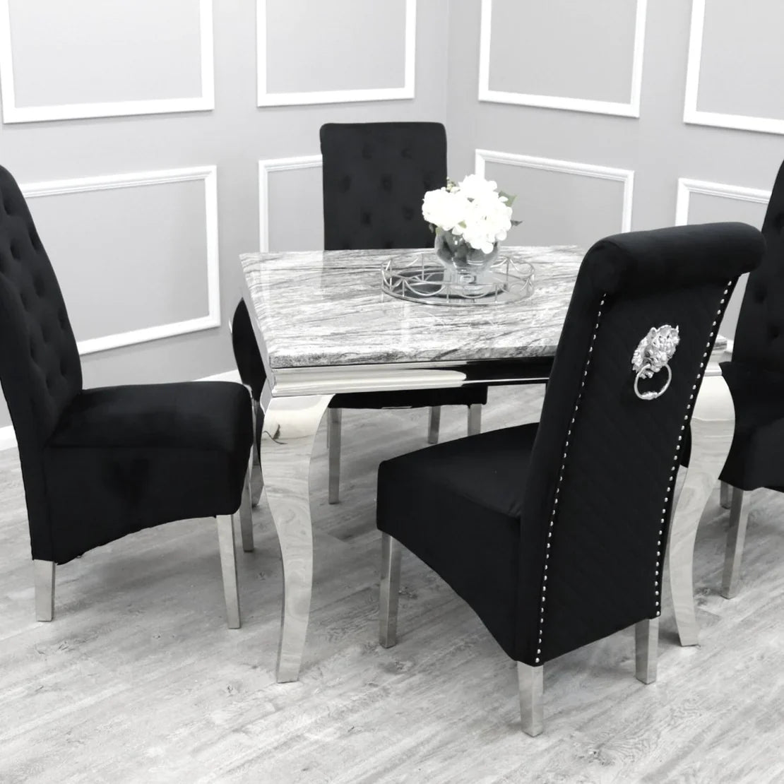 Louis 100cm Square Marble Dining Table + Chairs-Dining Table & Chairs Set-Cuthwells-Belmont Interiors