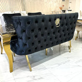 Valentino Gold Lion Knocker Quilted Tufted Black Plush Velvet 160cm Dining Bench - Belmont Interiors