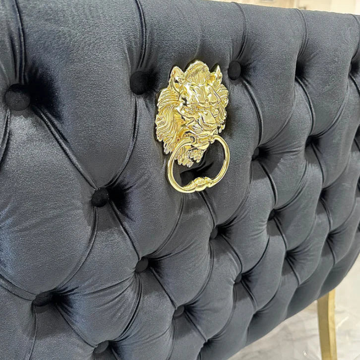 Valentino Gold Lion Knocker Quilted Tufted Black Plush Velvet 160cm Dining Bench - Belmont Interiors