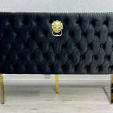 Valentino Gold Lion Knocker Quilted Tufted Black Plush Velvet 160cm Dining Bench - Belmont Interiors