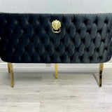 Valentino Gold Lion Knocker Quilted Tufted Black Plush Velvet 160cm Dining Bench - Belmont Interiors