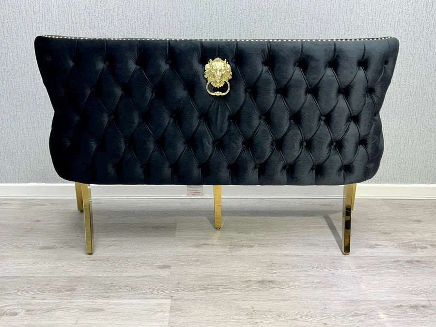 Valentino Gold Lion Knocker Quilted Tufted Black Plush Velvet 160cm Dining Bench - Belmont Interiors