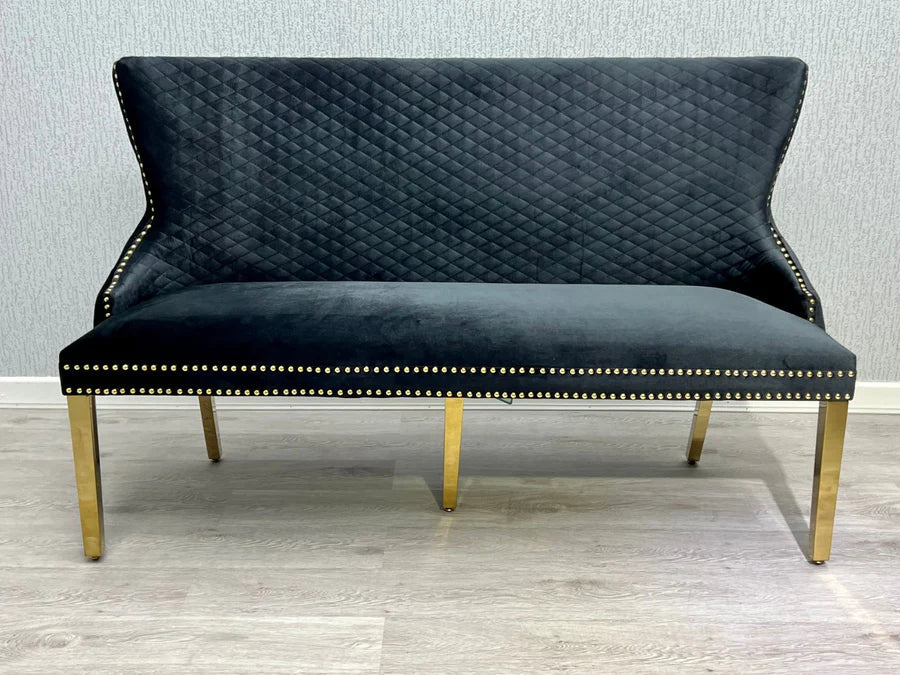 Valentino Gold Lion Knocker Quilted Tufted Black Plush Velvet 160cm Dining Bench - Belmont Interiors