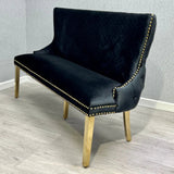 Valentino Gold Lion Knocker Quilted Tufted Black Plush Velvet 160cm Dining Bench - Belmont Interiors