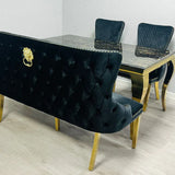 Valentino Gold Lion Knocker Quilted Tufted Black Plush Velvet 160cm Dining Bench - Belmont Interiors