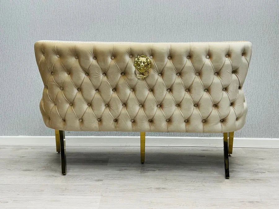 Valentino Gold Lion Knocker Quilted Tufted Cream Plush Velvet 160cm Dining Bench - Belmont Interiors