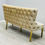 Valentino Gold Lion Knocker Quilted Tufted Cream Plush Velvet 160cm Dining Bench - Belmont Interiors