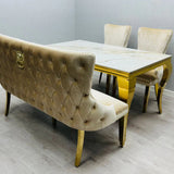 Valentino Gold Lion Knocker Quilted Tufted Cream Plush Velvet 160cm Dining Bench - Belmont Interiors