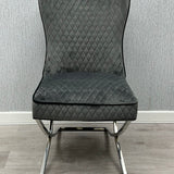 Rome Grey French Velvet Button Back Dining Chair With Chrome Legs