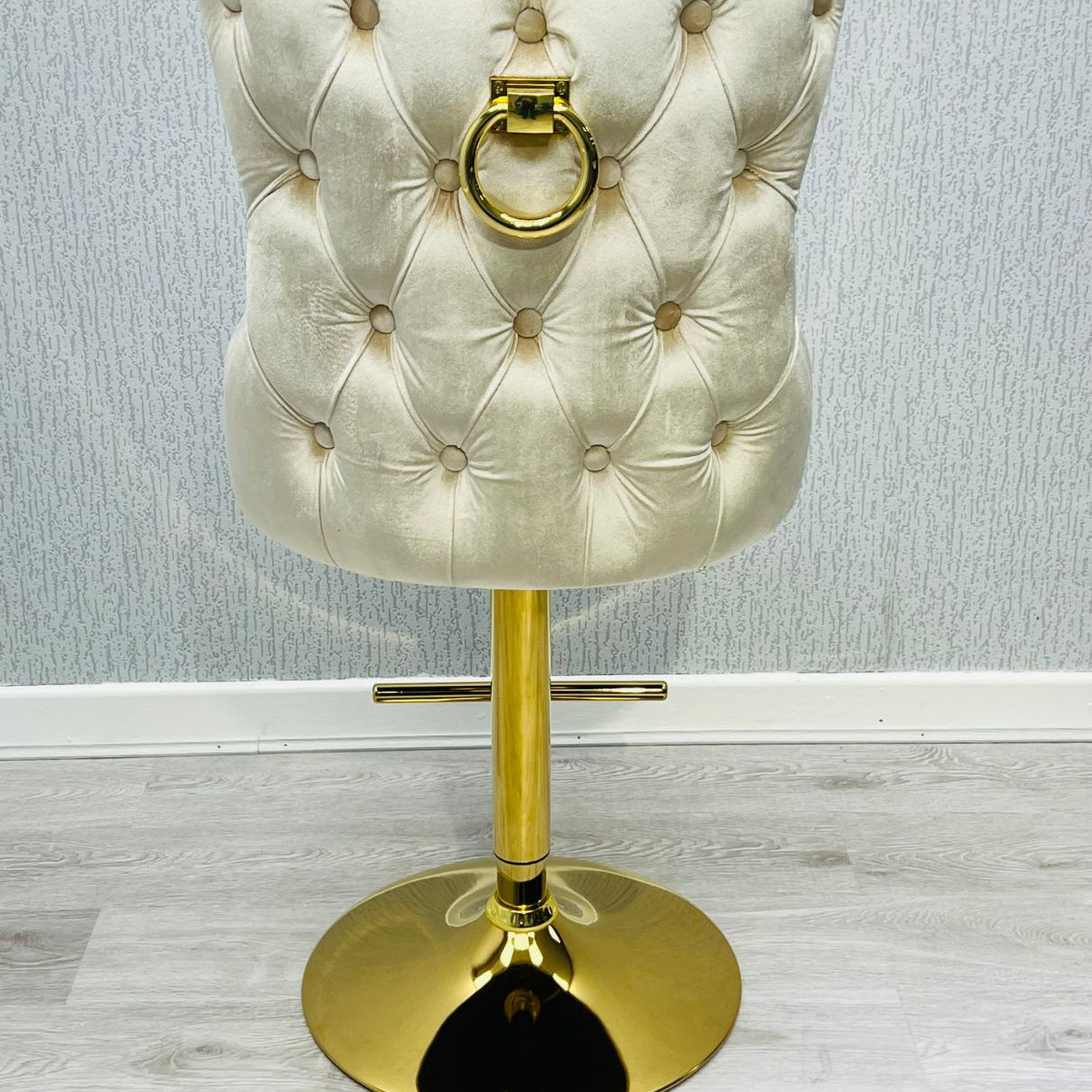 Victoria Cream Gold Ring Knocker Quilted Back Plush Velvet Gold Bar Stool - Belmont Interiors