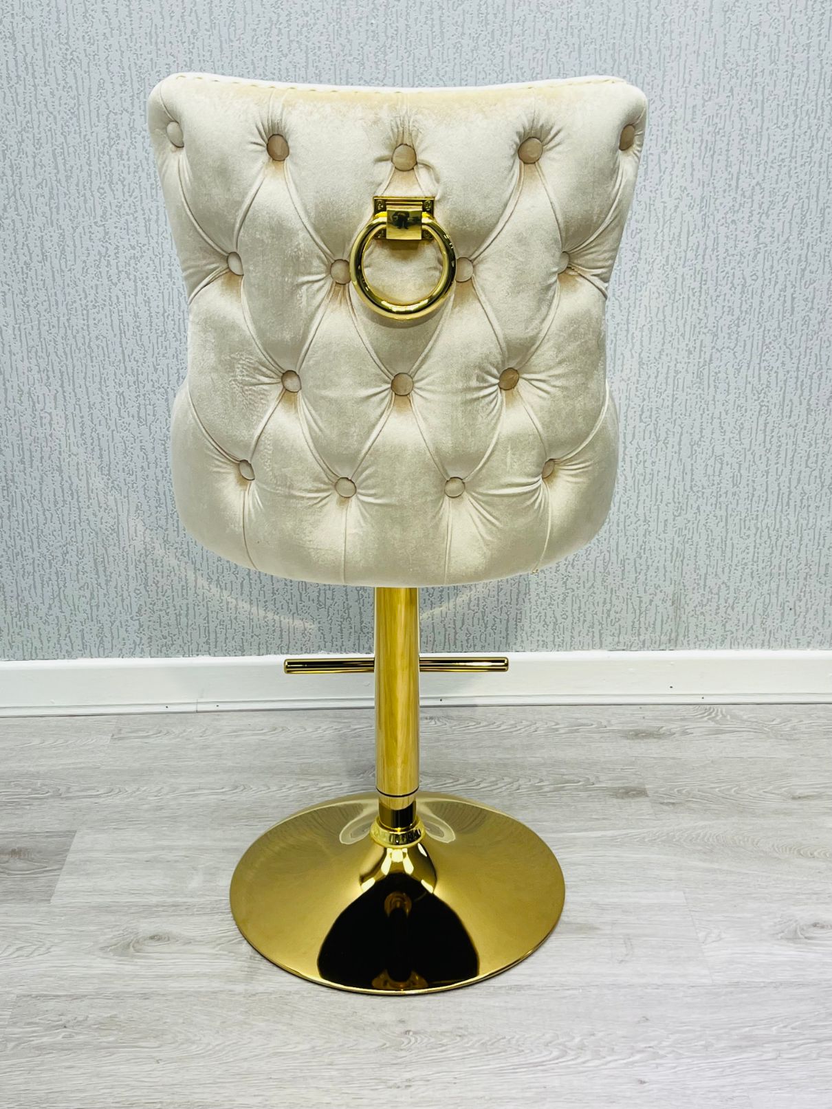 Victoria Cream Gold Ring Knocker Quilted Back Plush Velvet Gold Bar Stool - Belmont Interiors