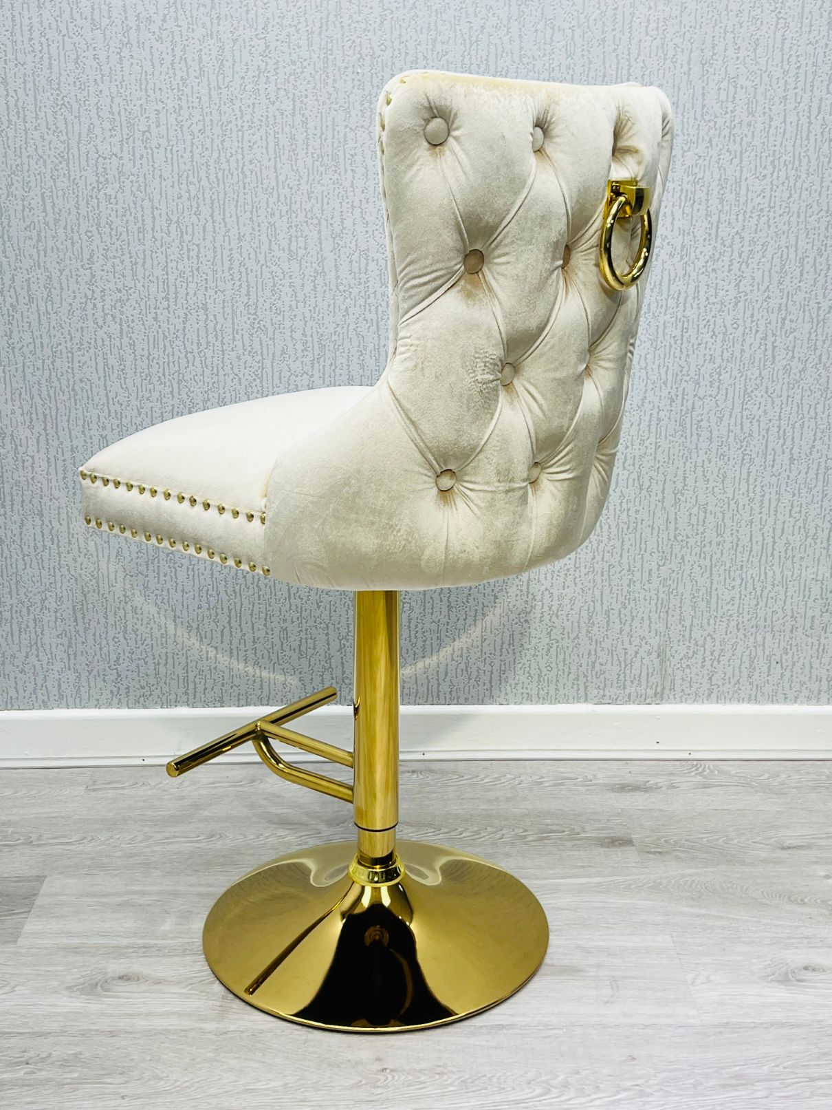 Victoria Cream Gold Ring Knocker Quilted Back Plush Velvet Gold Bar Stool - Belmont Interiors