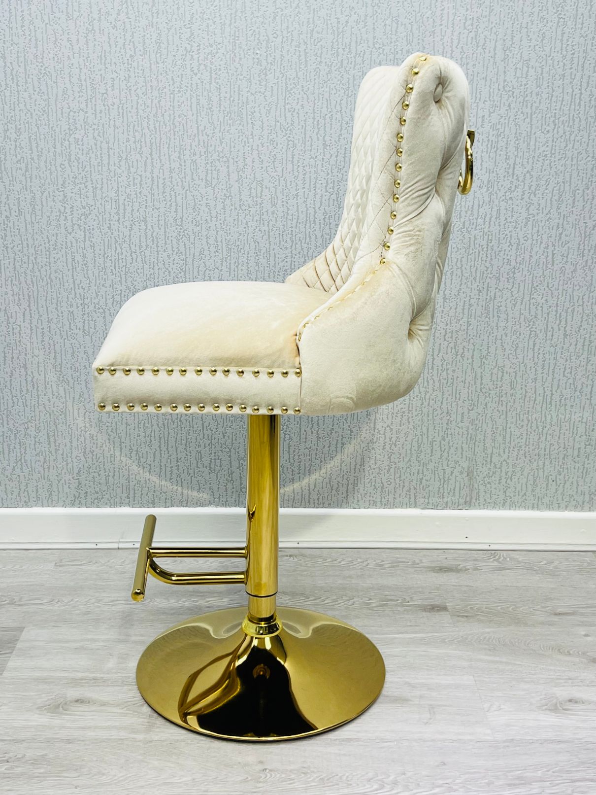 Victoria Cream Gold Ring Knocker Quilted Back Plush Velvet Gold Bar Stool - Belmont Interiors