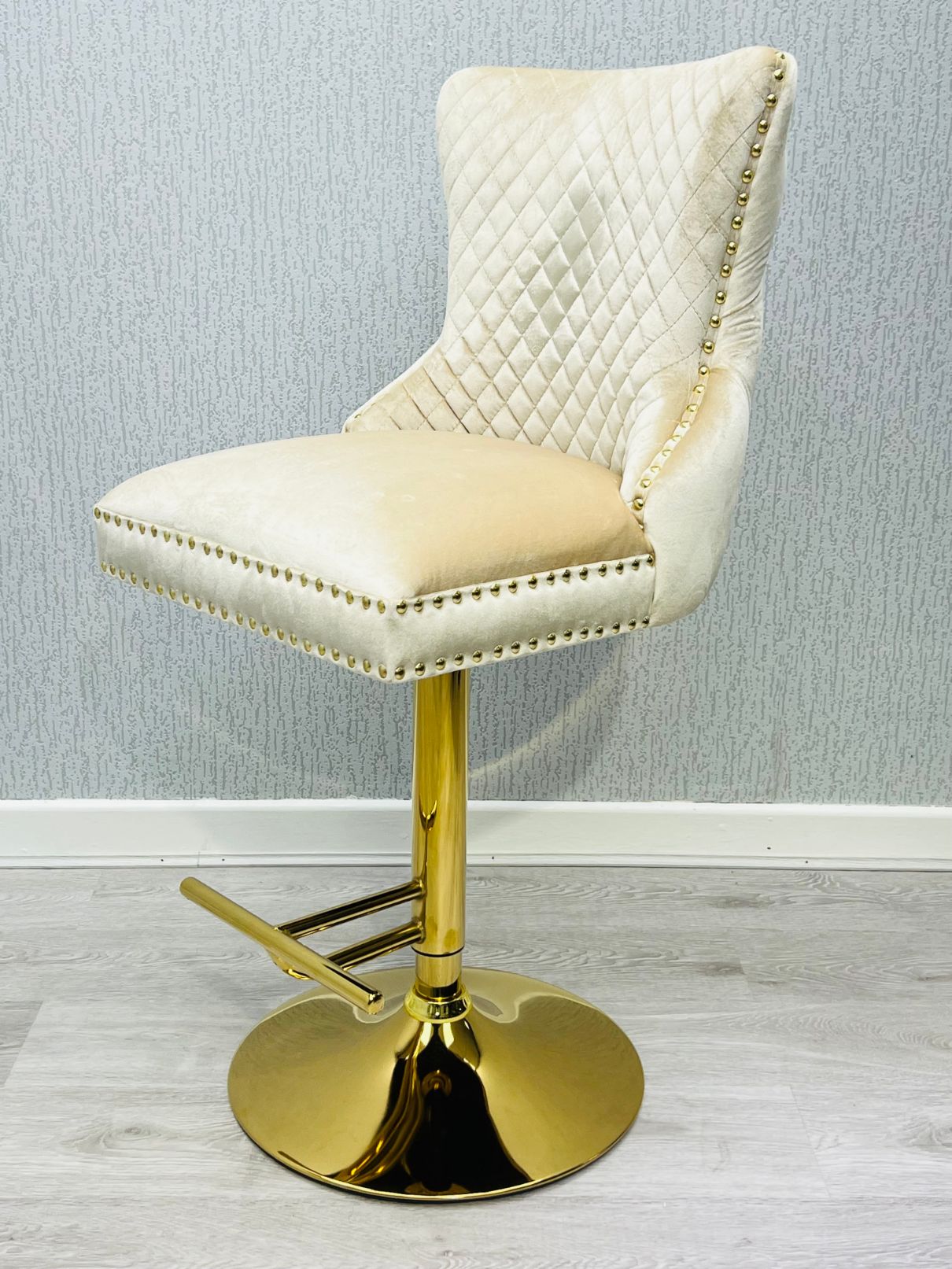 Victoria Cream Gold Ring Knocker Quilted Back Plush Velvet Gold Bar Stool - Belmont Interiors