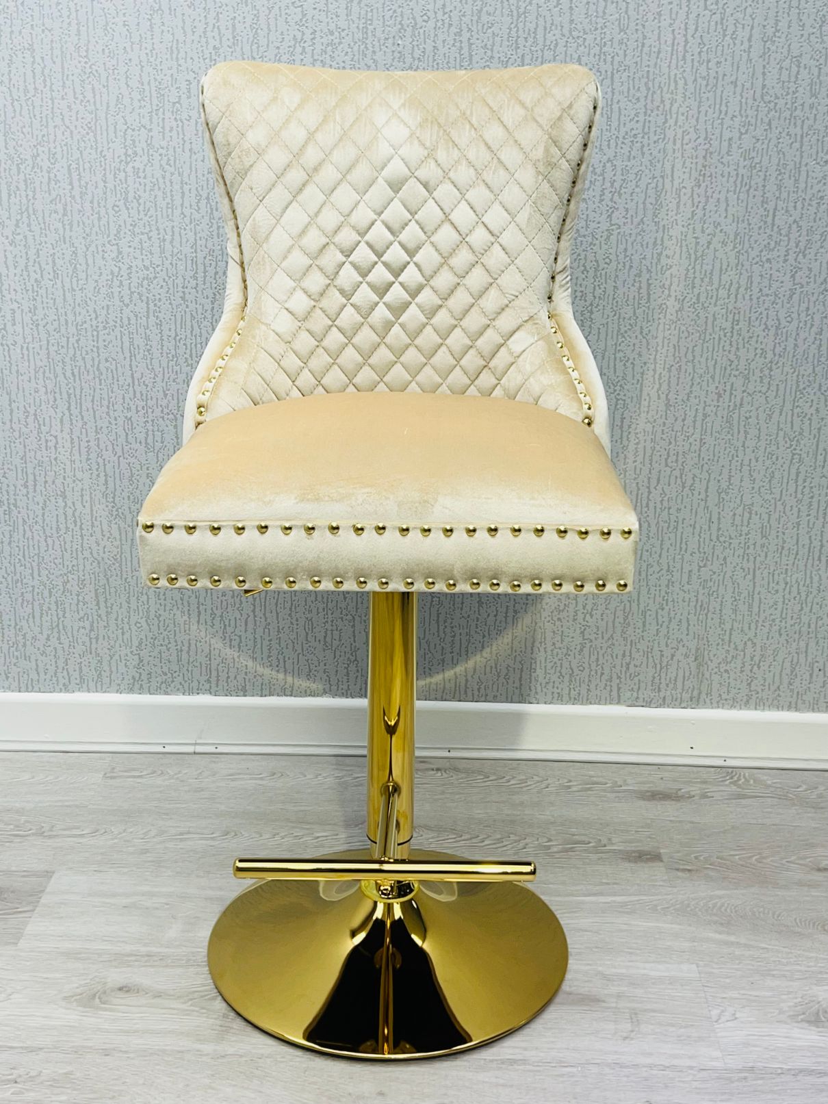 Victoria Cream Gold Ring Knocker Quilted Back Plush Velvet Gold Bar Stool - Belmont Interiors