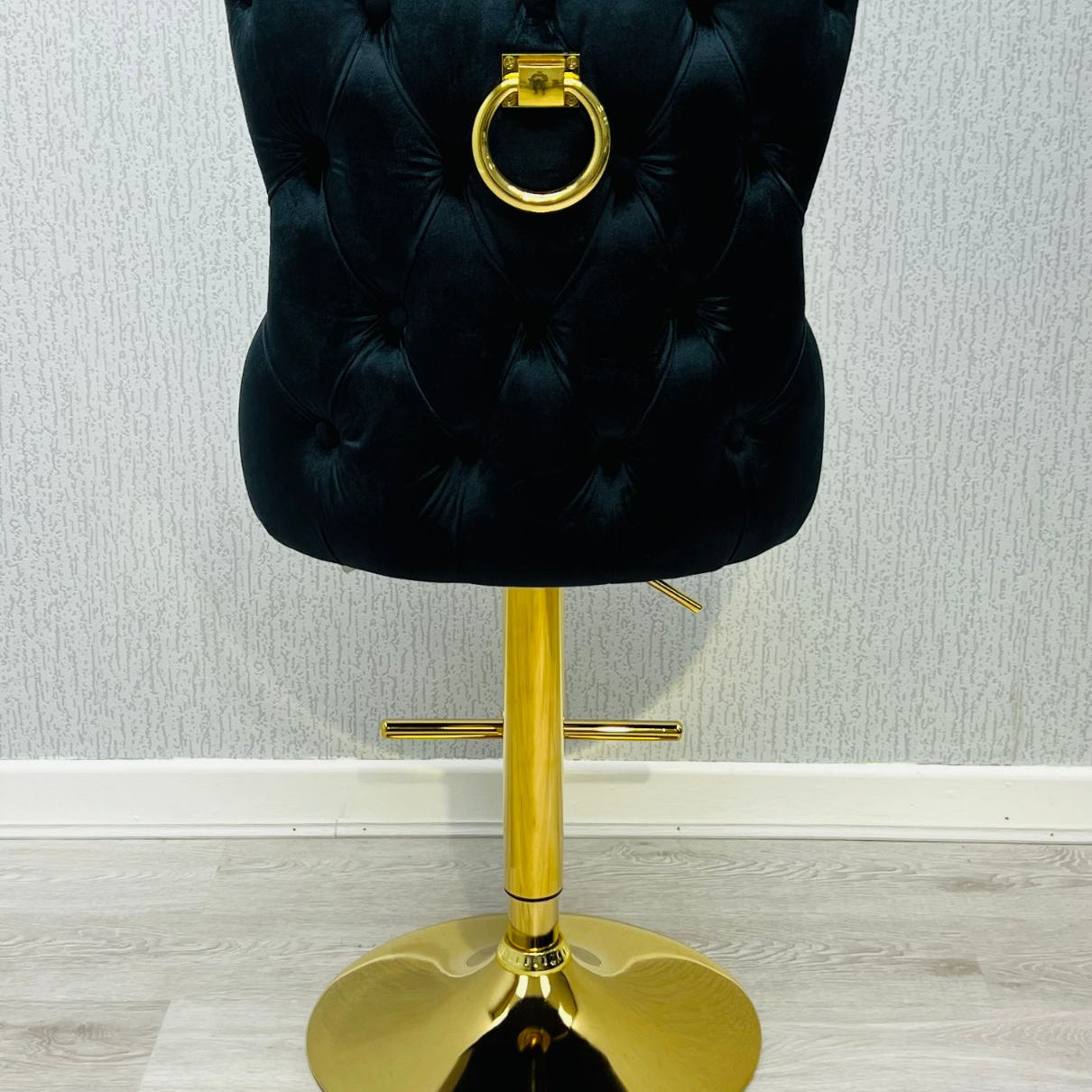 Victoria Cream Gold Ring Knocker Quilted Back Plush Velvet Gold Bar Stool - Belmont Interiors