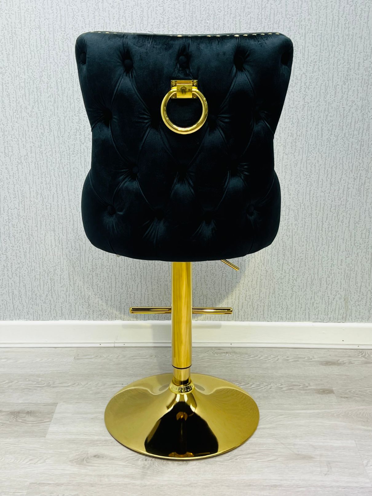 Victoria Cream Gold Ring Knocker Quilted Back Plush Velvet Gold Bar Stool - Belmont Interiors