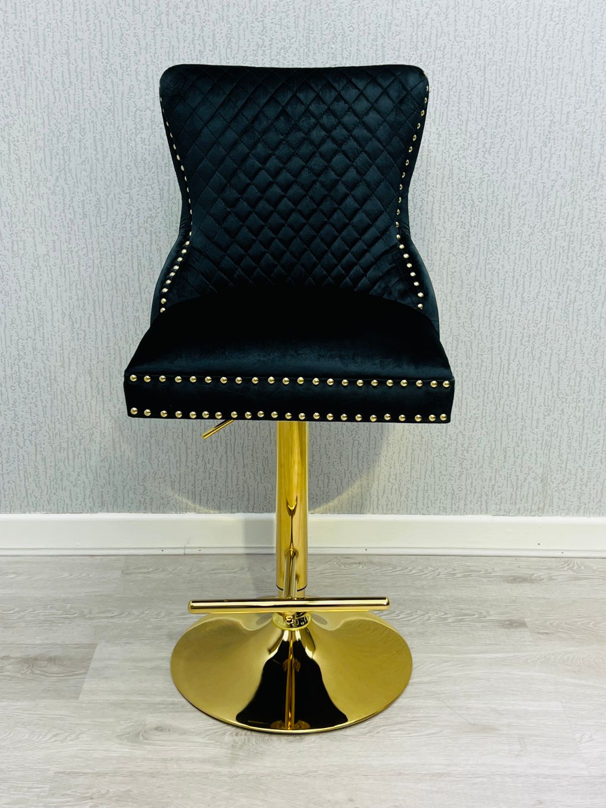 Victoria Cream Gold Ring Knocker Quilted Back Plush Velvet Gold Bar Stool - Belmont Interiors