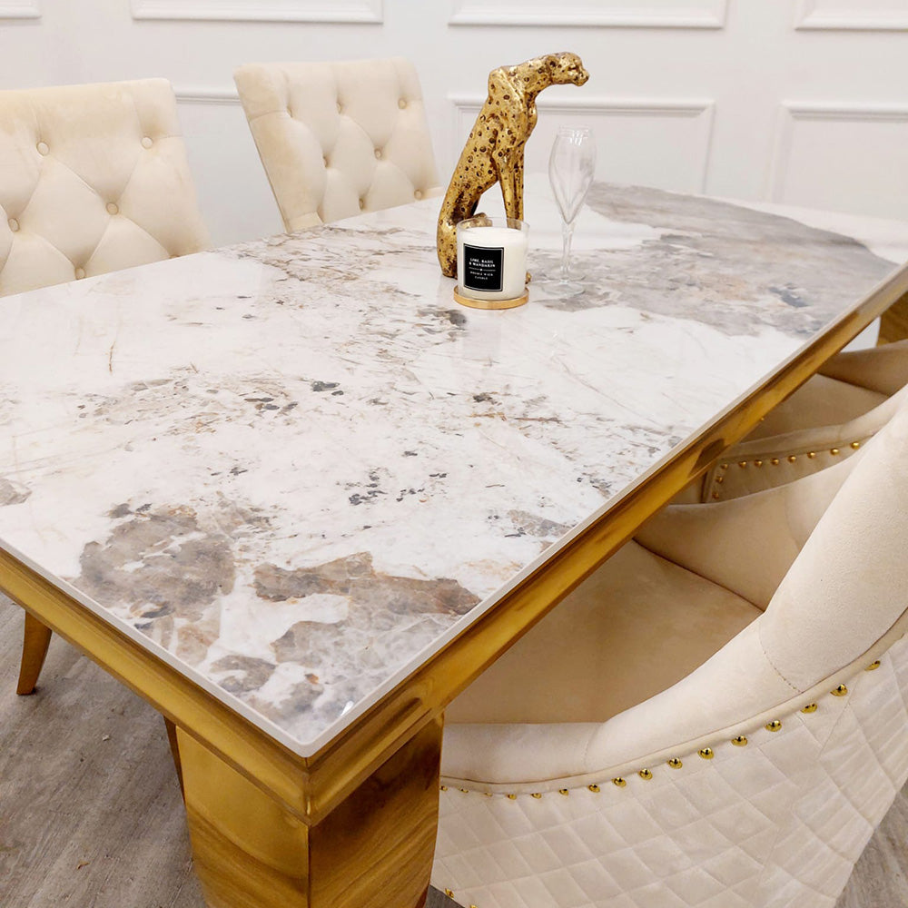 Louis Gold Pandora Gold Sintered Stone Dining Table With Gold Lion Knocker Dining Chairs-Esme Furnishings