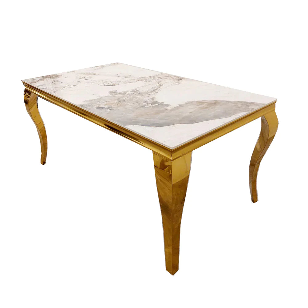 Louis Gold Pandora Gold Sintered Stone Dining Table With Gold Lion Knocker Dining Chairs-Esme Furnishings