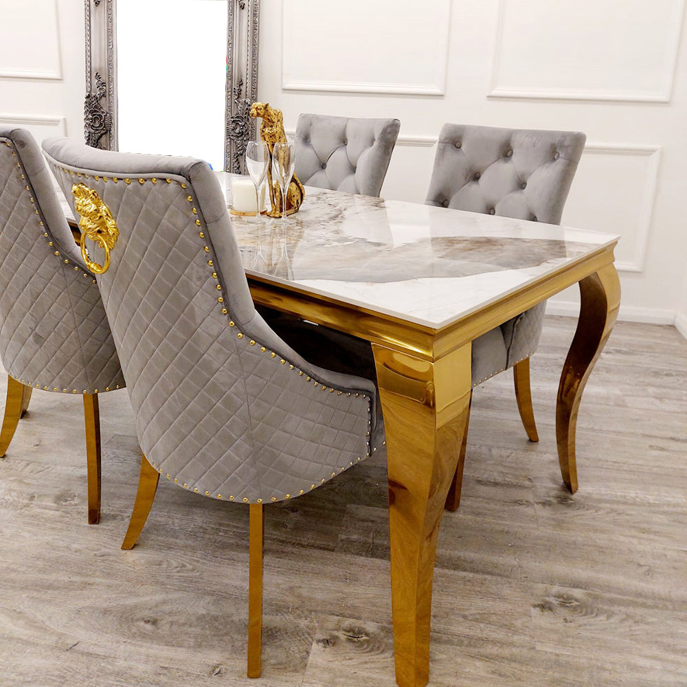 Louis Gold Pandora Gold Sintered Stone Dining Table With Gold Lion Knocker Dining Chairs-Esme Furnishings