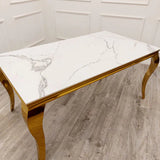 Louis Marble & Gold Dining Table With Shimmer Gold Lion Knocker Dining Chairs