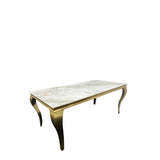 Louis Marble & Gold Dining Table With Shimmer Gold Lion Knocker Dining Chairs