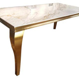 Louis Gold & White Marble Dining Table With Cream & Gold Lion Knocker Dining Chairs-Esme Furnishings