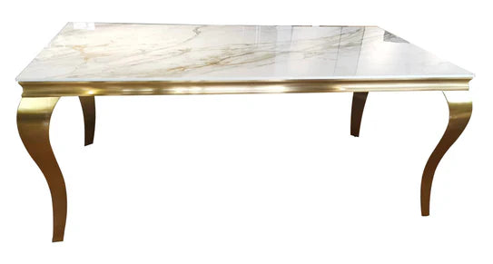 Louis 150CM Gold Ceramic Marble Dining Table + Gold Lion Knocker Dining Chairs-Esme Furnishings