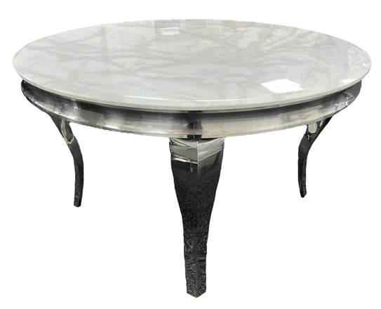 Louis White Marble 130cm Round Dining Table + Lucy Grey Lion Knocker Plush Velvet Chairs-Esme Furnishings