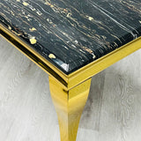 Louis Gold Black Marble Dining Table With Shimmer Black / Gold Lion Knocker Dining Chairs