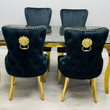 Louis Marble & Gold Dining Table With Victoria Gold Lion Knocker Velvet Chairs