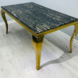 Louis Marble & Gold Dining Table With Victoria Gold Lion Knocker Velvet Chairs