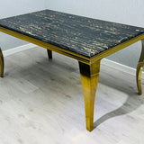 Louis Gold Black Marble Dining Table With Shimmer Black / Gold Lion Knocker Dining Chairs