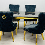 Louis 160cm Marble & Gold Dining Table With Victoria Gold Ring Knocker Velvet Chairs