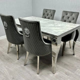 Louis Marble & Chrome Dining Table With Quilted Lion Knocker Velvet Chairs