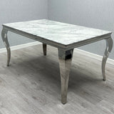 Louis Marble & Chrome Dining Table With Grey PU Leather Chrome Ring Knocker Chairs