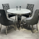 Louis 130cm Grey Marble Round Dining Table + Dark Grey Lion Knocker Chairs