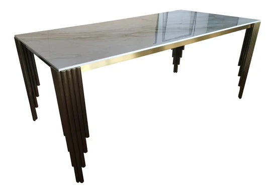 Mayfair 180CM Gold Ceramic Marble Dining Table + Gold Lion Knocker Dining Chairs-Esme Furnishings