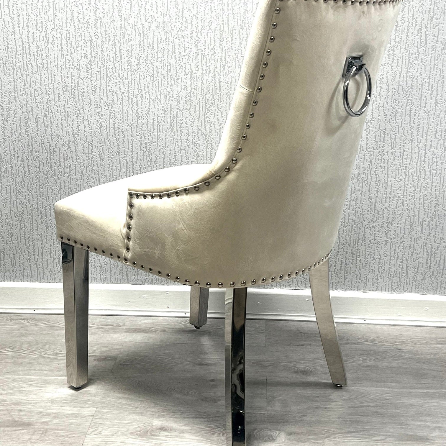 Knightsbridge Mink Cream French Velvet Knocker Back Dining Chair With Chrome Legs - Belmont Interiors