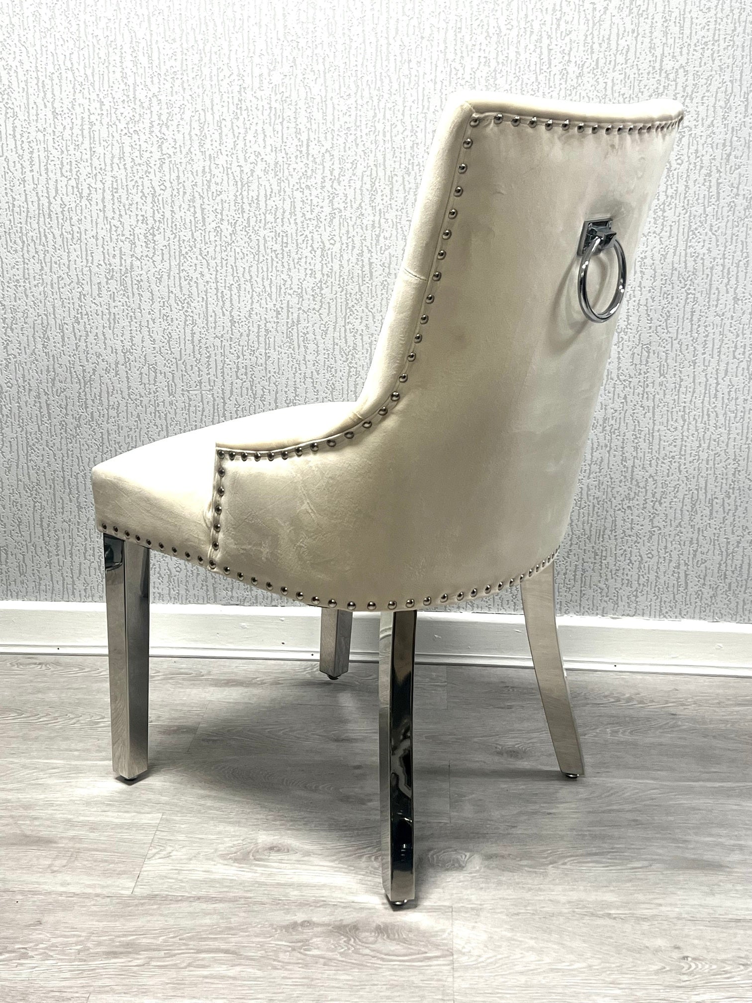 Knightsbridge Mink Cream French Velvet Knocker Back Dining Chair With Chrome Legs - Belmont Interiors