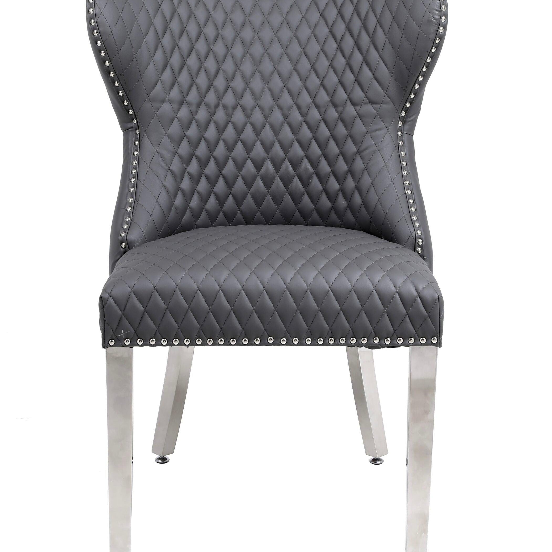 Valentino Grey Quilted PU Leather Chrome Leg Lion Knockerback Dining Chair-Esme Furnishings