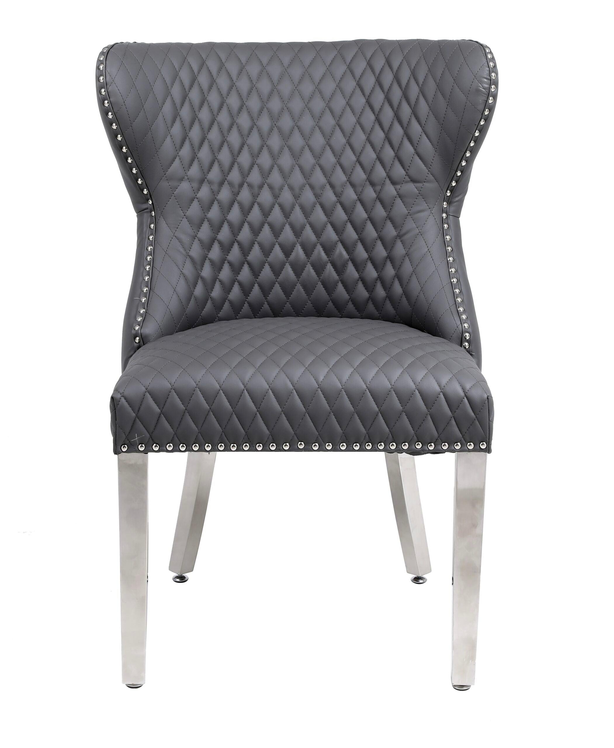 Valentino Grey Quilted PU Leather Chrome Leg Lion Knockerback Dining Chair-Esme Furnishings