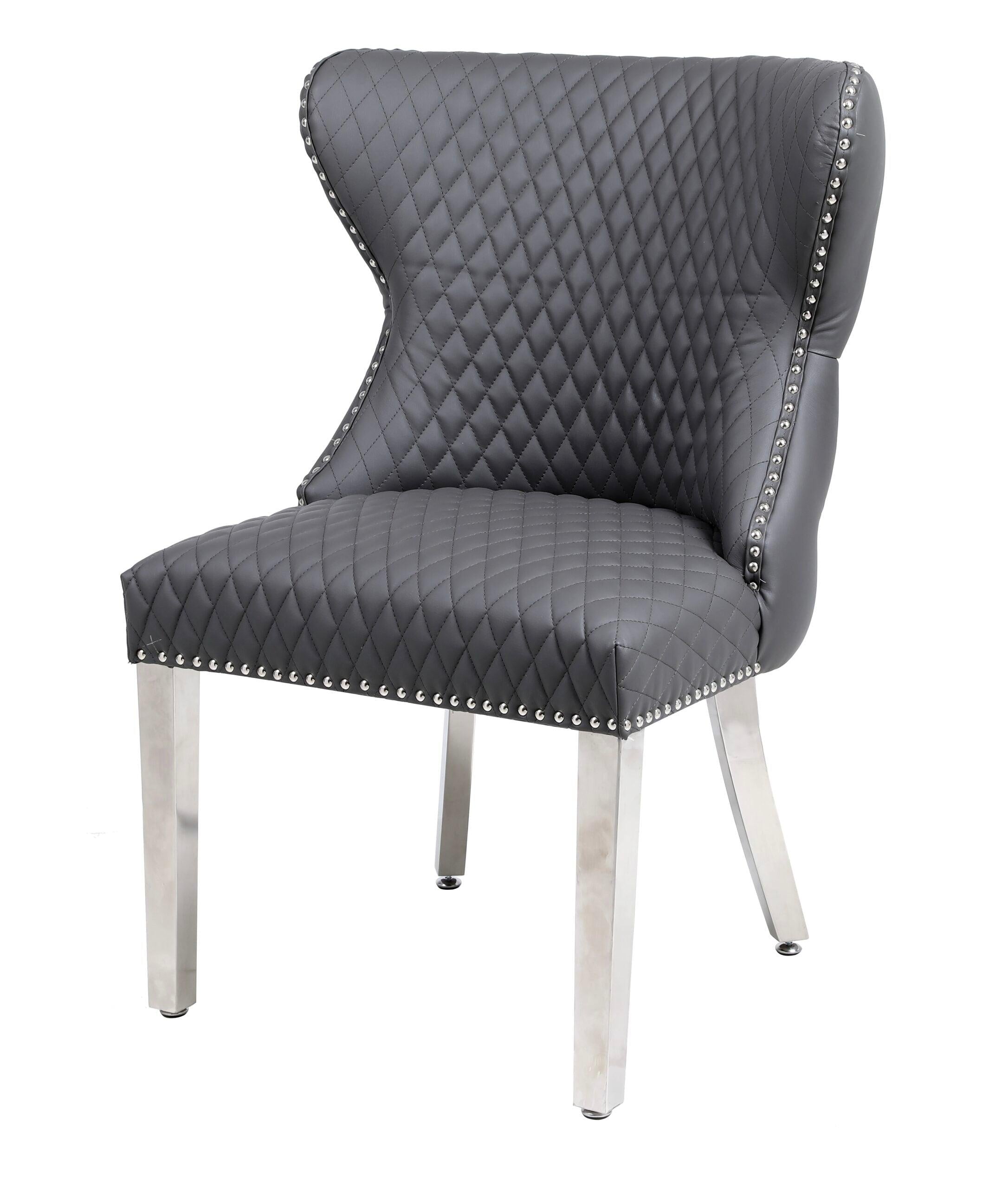 Valentino Grey Quilted PU Leather Chrome Leg Lion Knockerback Dining Chair-Esme Furnishings