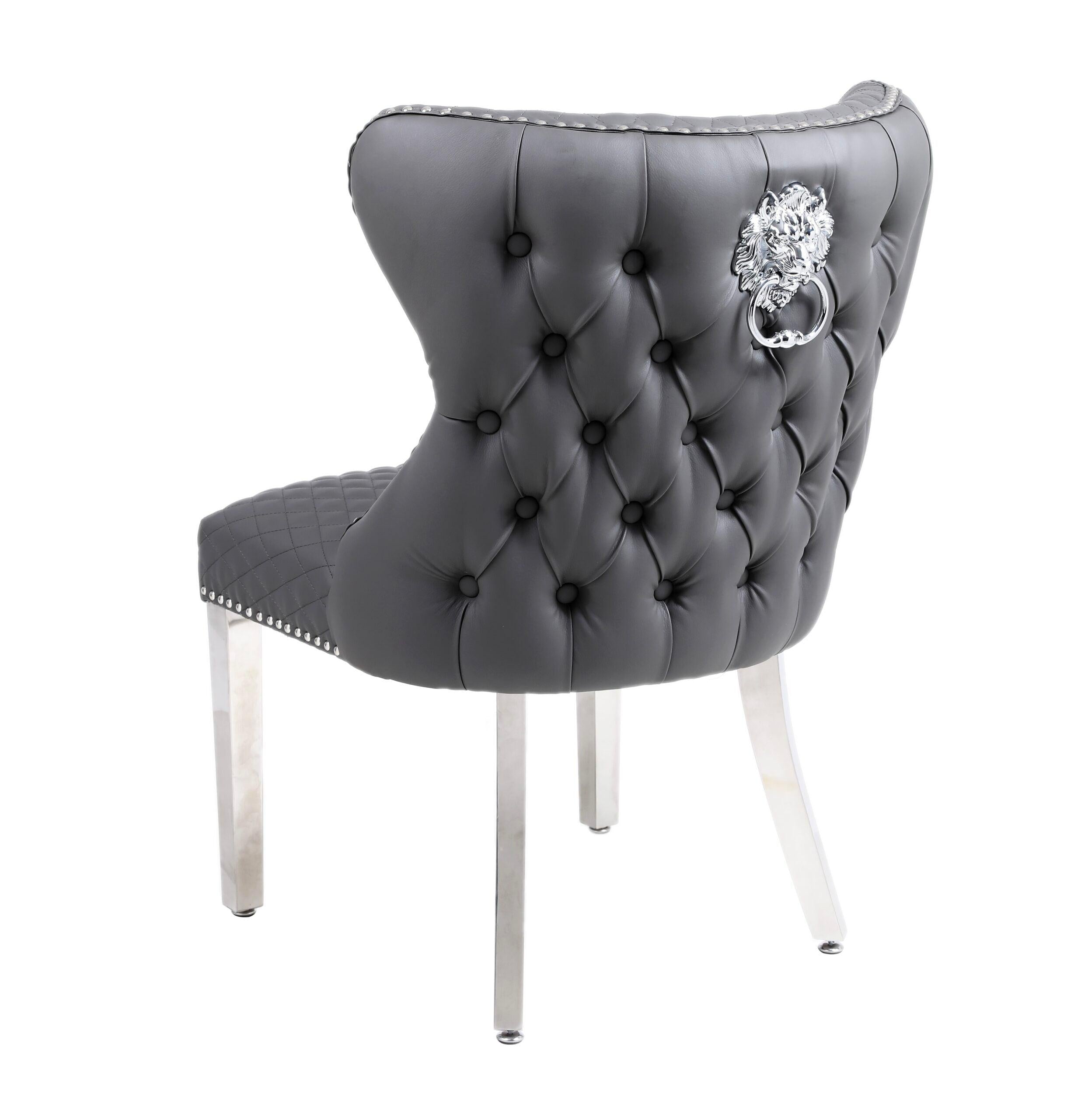 Valentino Grey Quilted PU Leather Chrome Leg Lion Knockerback Dining Chair-Esme Furnishings