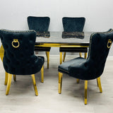 Louis 160cm Marble & Gold Dining Table With Victoria Gold Ring Knocker Velvet Chairs