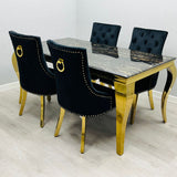 Louis Gold Black Marble Dining Table With Black/Gold Ring Quilted Knocker Dining Chairs