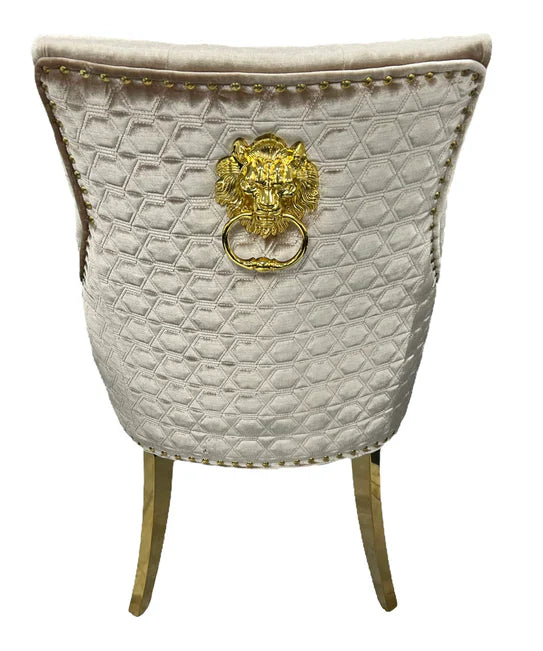 Majestic Gold Lion Knocker Quilted Tufted Shimmer Velvet Dining Chair Gold Legs - 2 Colours-Esme Furnishings