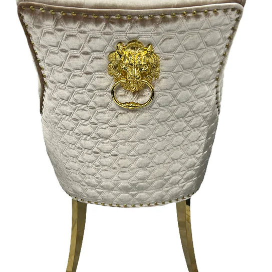 Gold Lion Knocker Quilted Tufted Plush Shiny Velvet Dining Chair Gold Legs - 2 Colours-Esme Furnishings