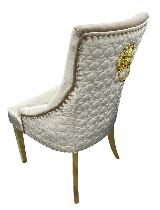 Majestic Gold Lion Knocker Quilted Tufted Shimmer Velvet Dining Chair Gold Legs - 2 Colours-Esme Furnishings